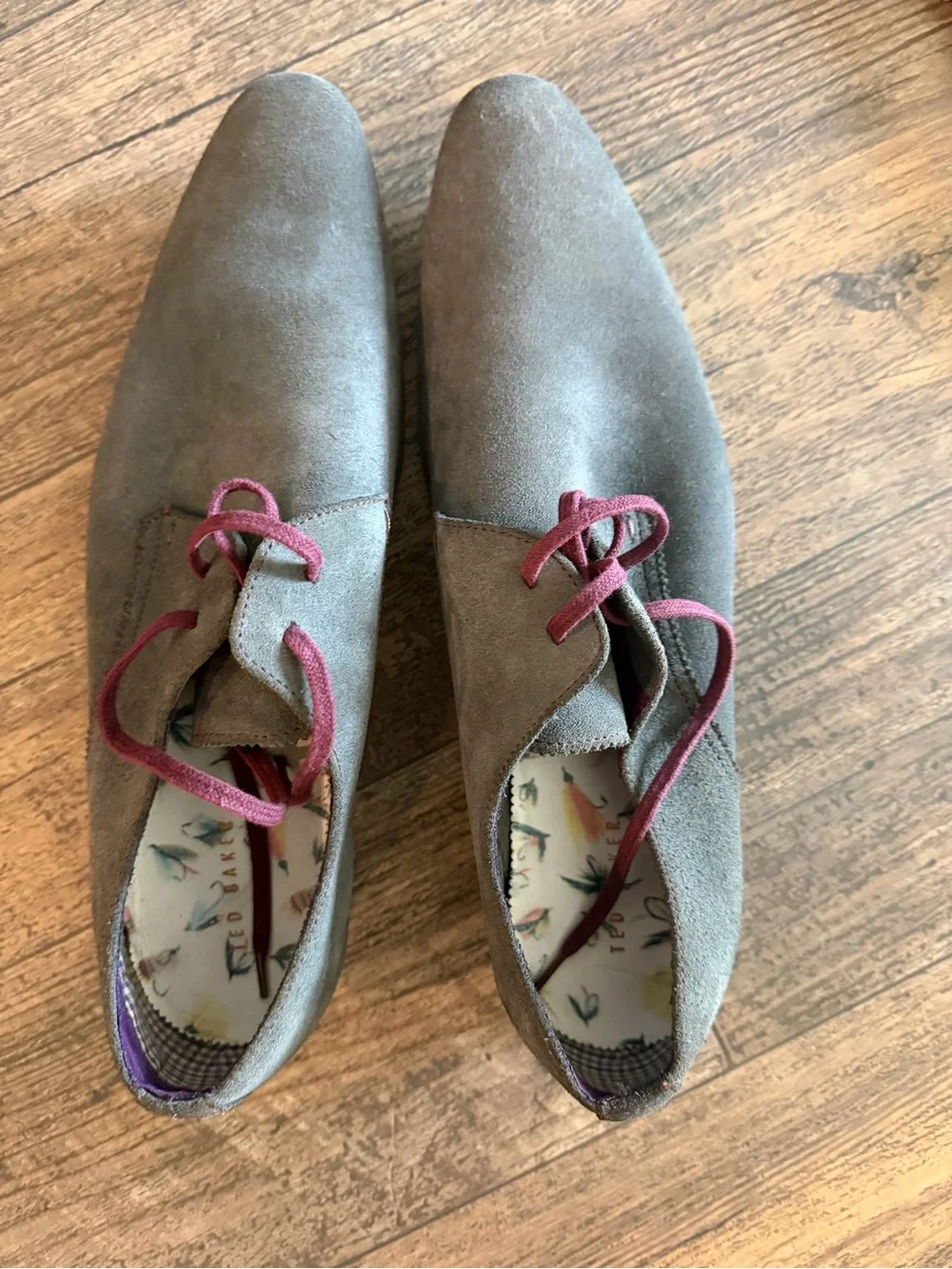 Ted Baker London Taupe Suede Oxfords with Burgundy Laces